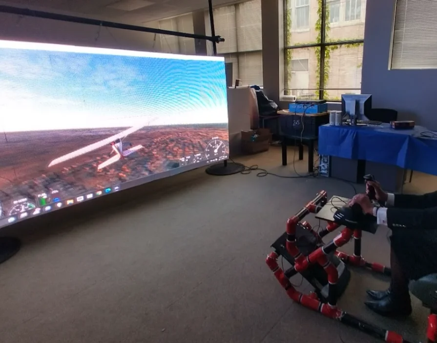 Flight simulation experience with large display and physical controls